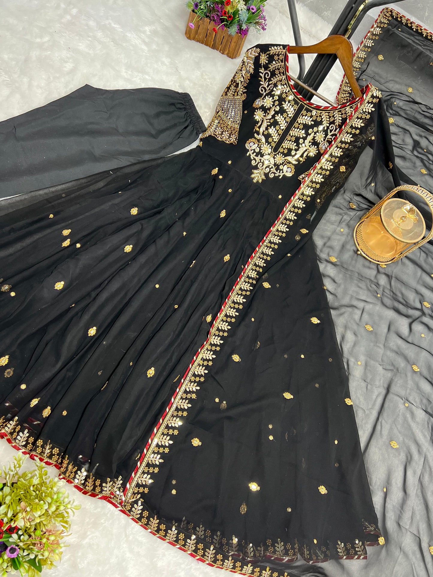Beautiful Embroidery Sequence Work Black Color Gown