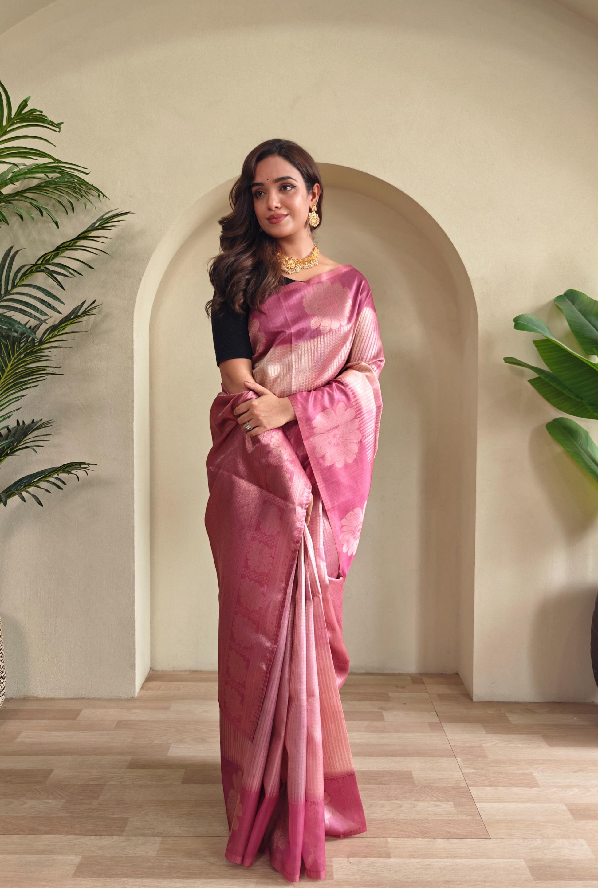 Pink Color Flower Print Silk Saree