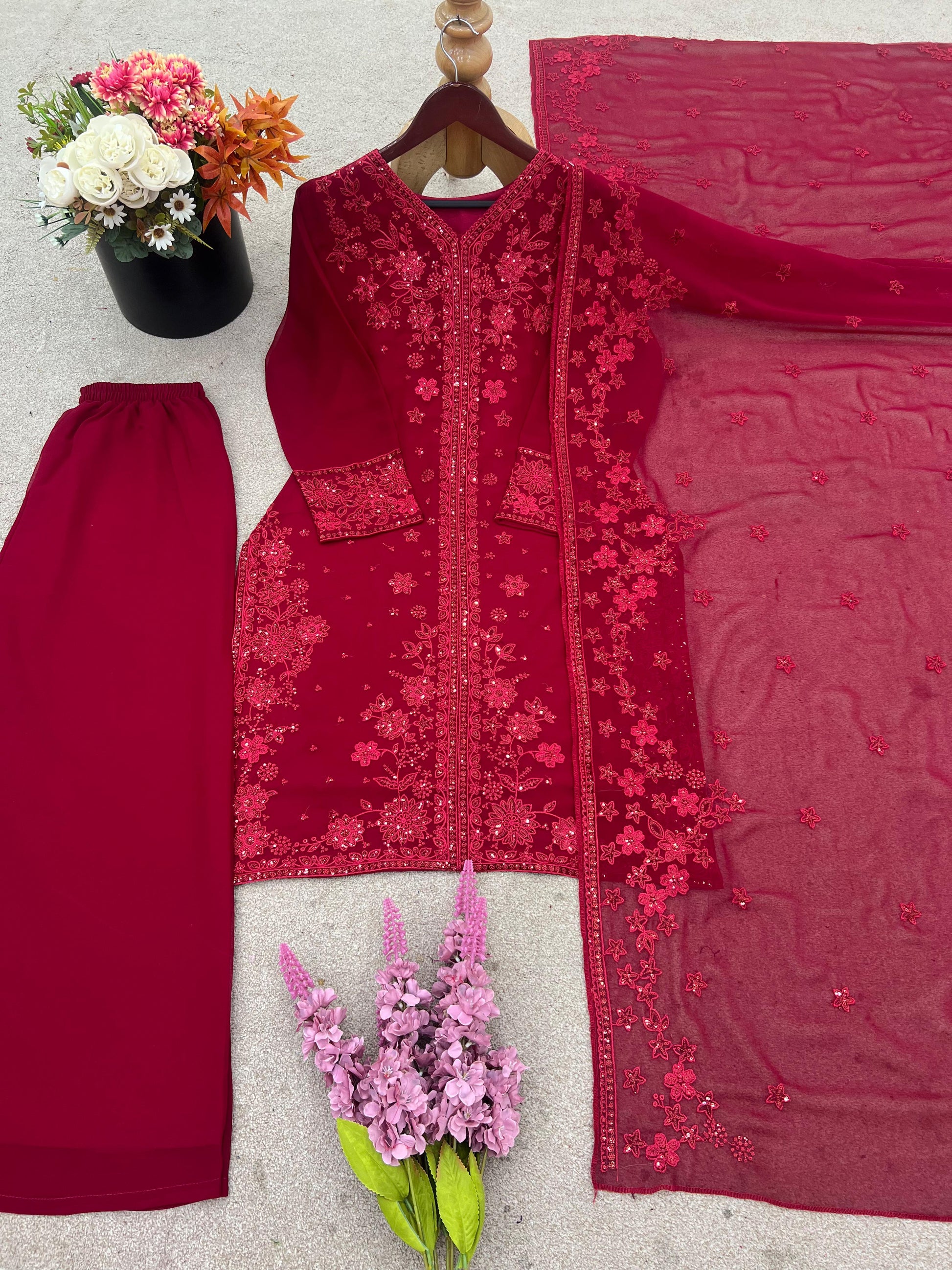 Captivating Sequence Work Red Color Palazzo Suit