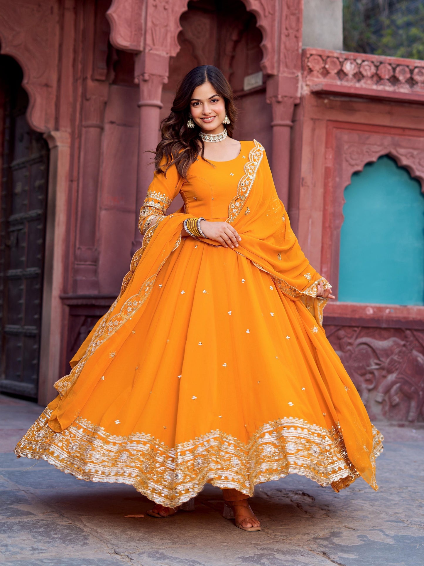 Outstanding Yellow Color Georgette Gown With Dupatta