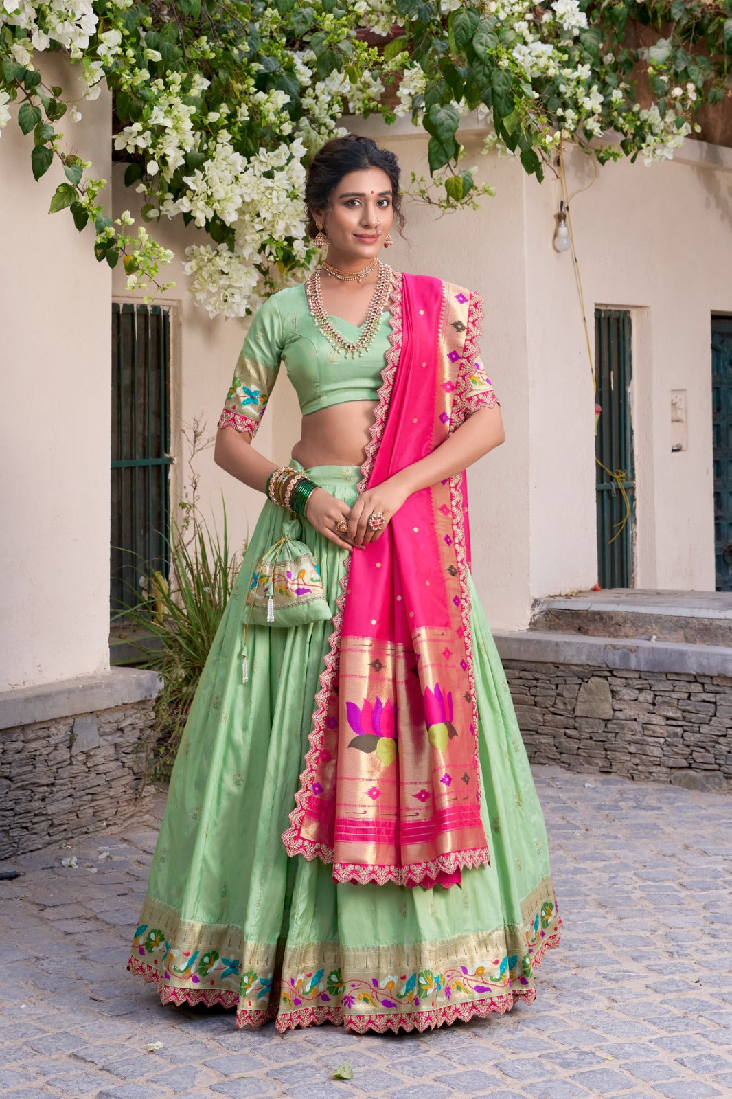 Traditional Wear Paithani Silk Pista Color Lehenga Choli