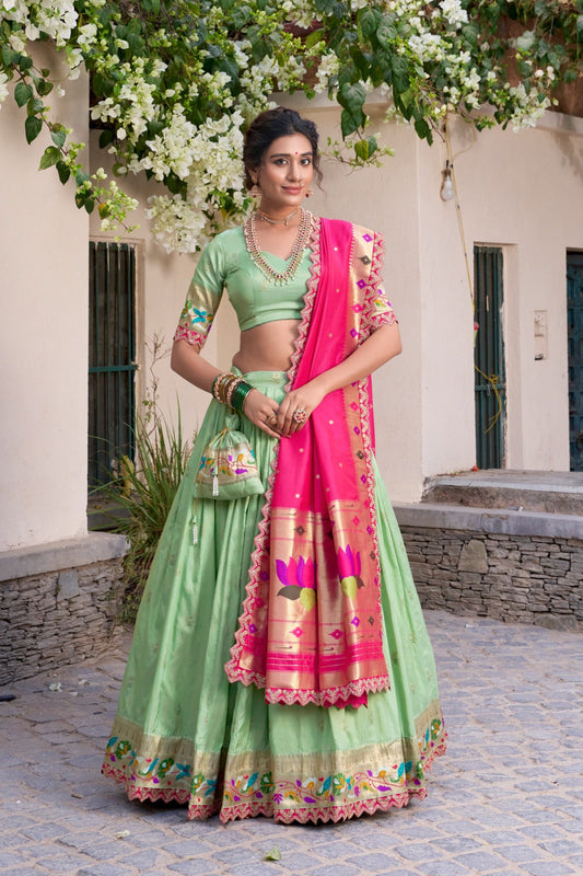 Traditional Wear Paithani Silk Pista Color Lehenga Choli