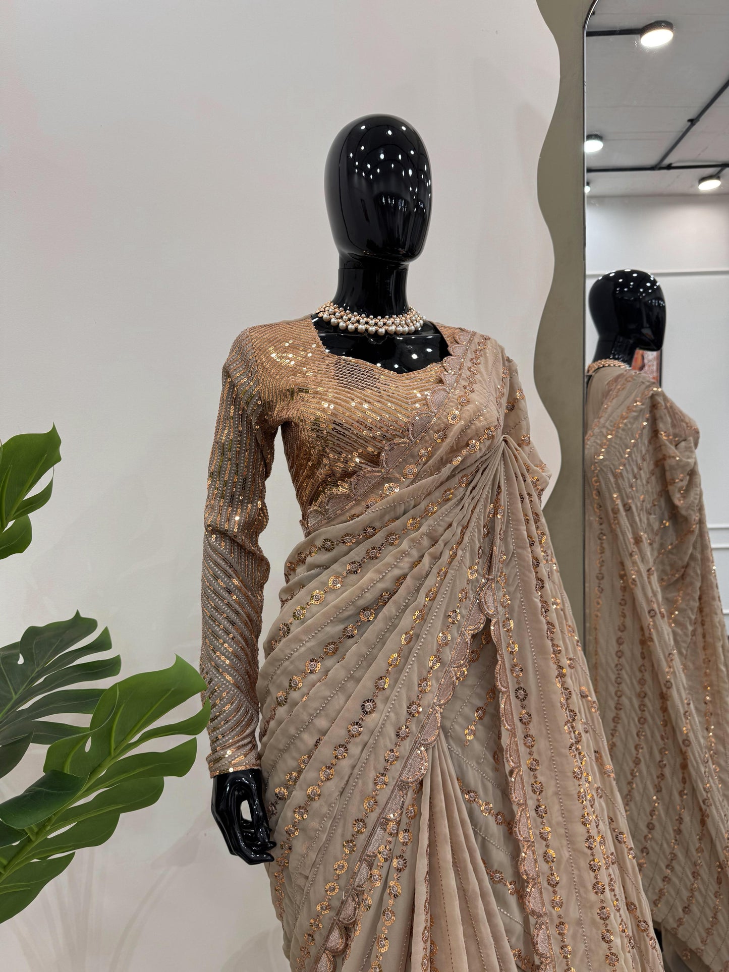Classic Full Sequence Work Beige Color Saree