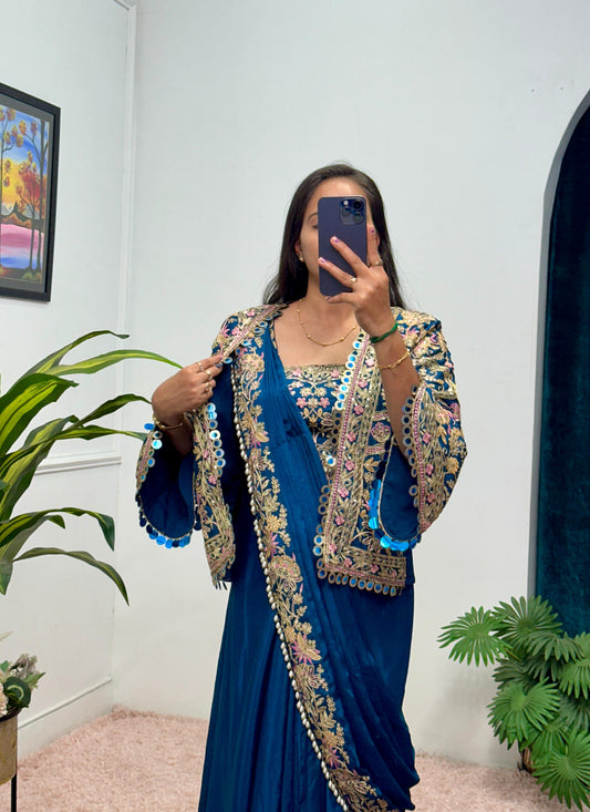 Presenting Embroidery Work Navy Blue Color Ready To Wear Saree