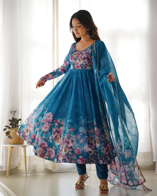 Casual Wear Multi Flower Print Blue Color Anarkali Suit