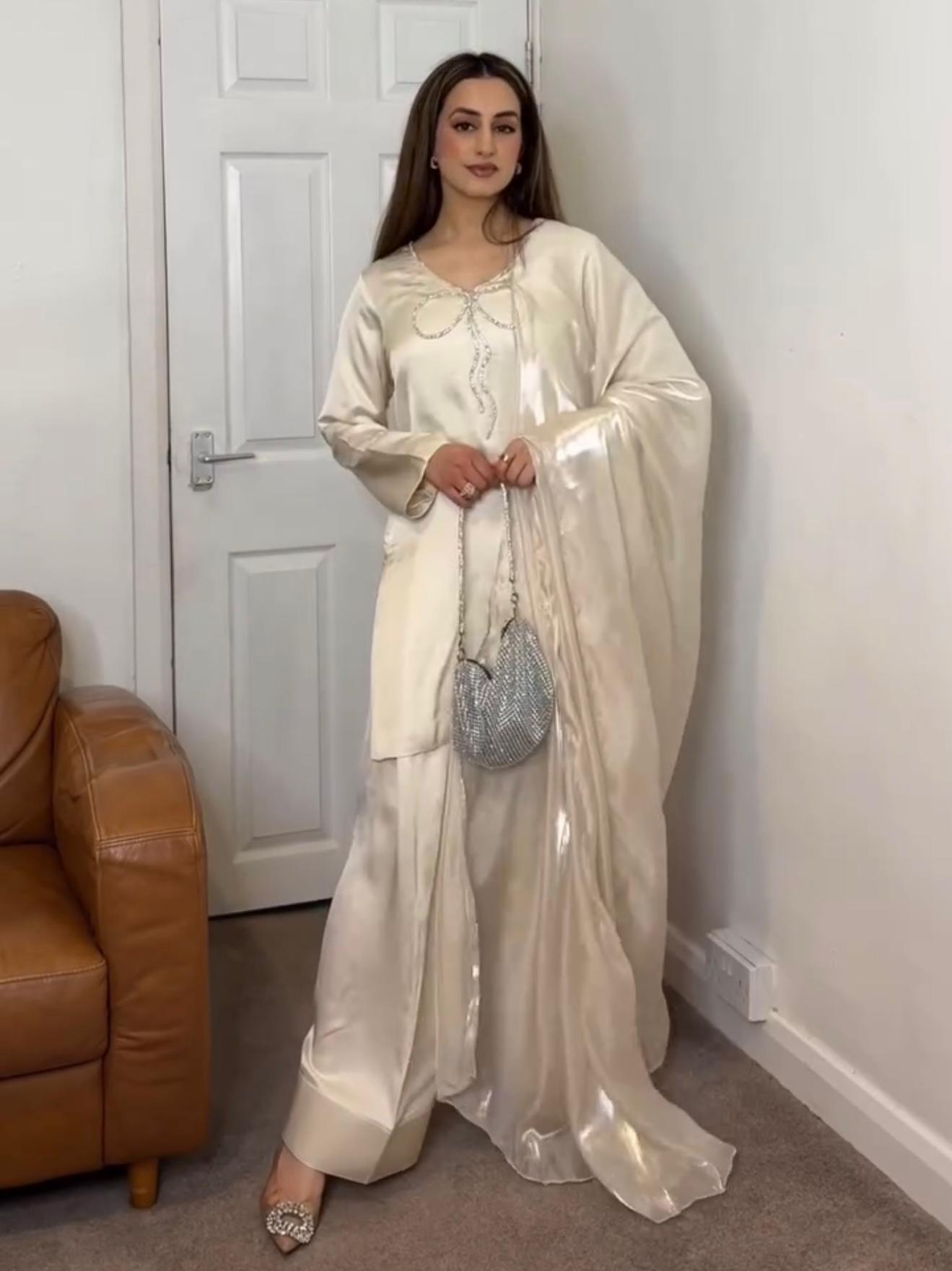 Preferable Sequence Work Off White Color Palazzo Suit