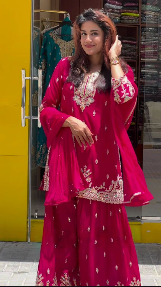 Designer Heavy Work Pink Color Sharara Suit