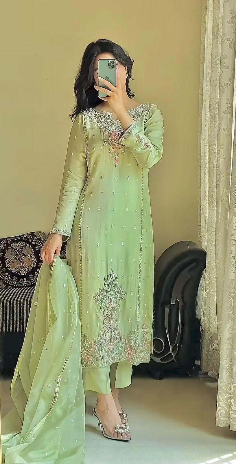 Captivating Pista Color Sequence Work Salwar Suit