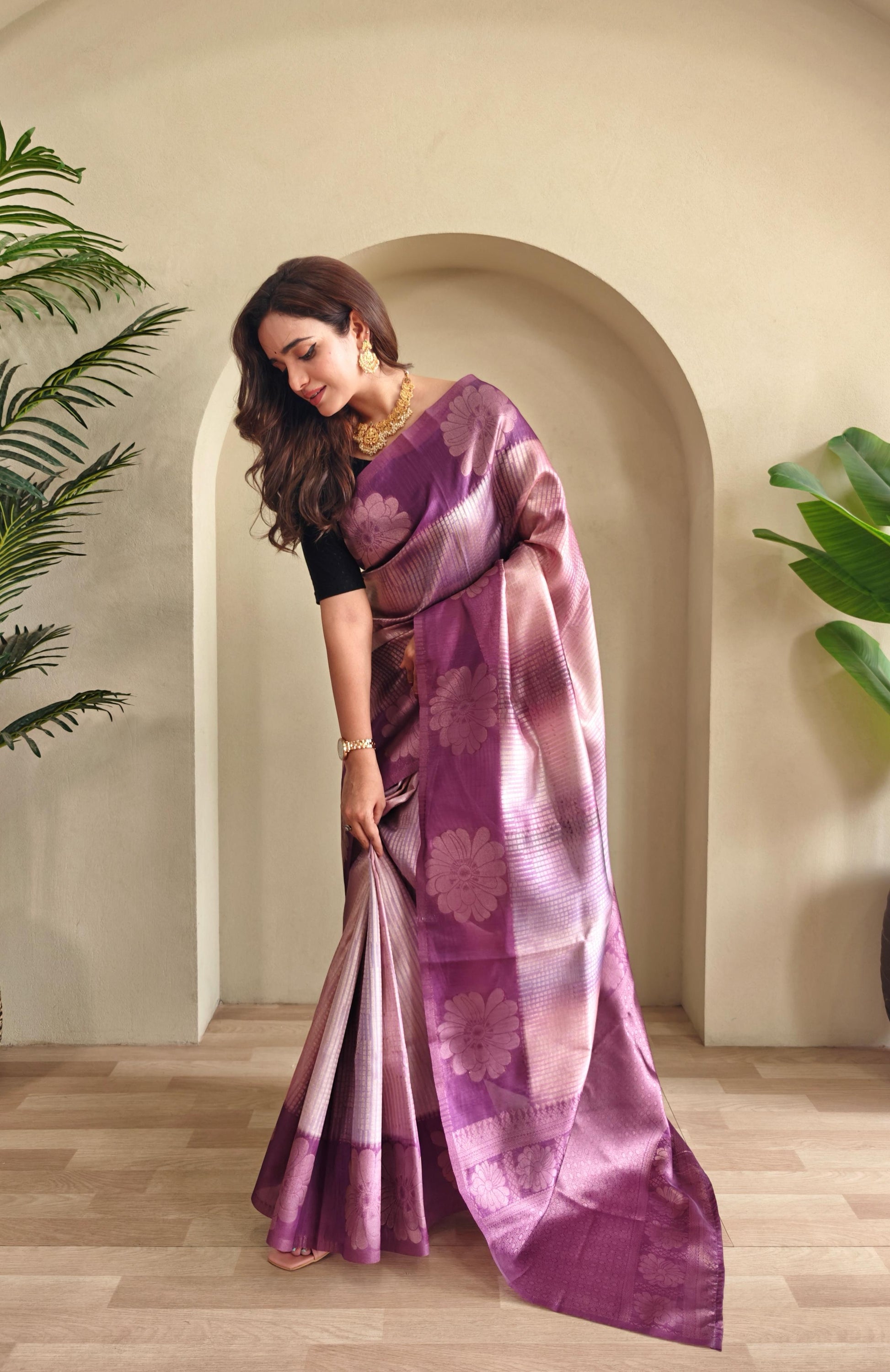 Wine Color Flower Print Silk Saree