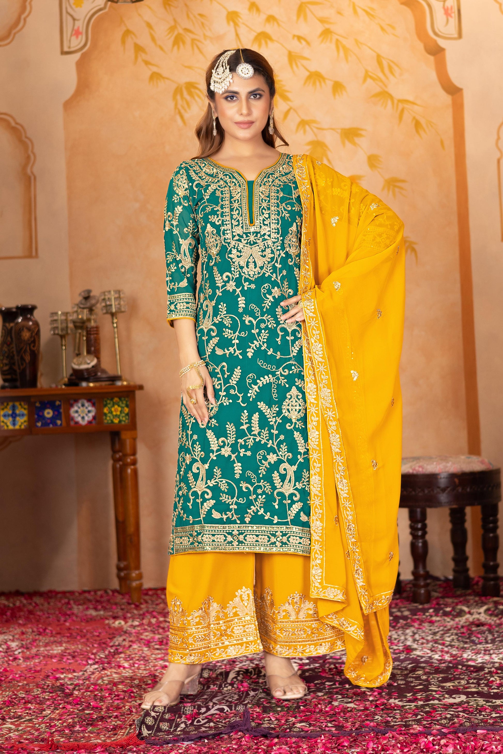 Good Looking Heavy Work Rama Color Palazzo Suit