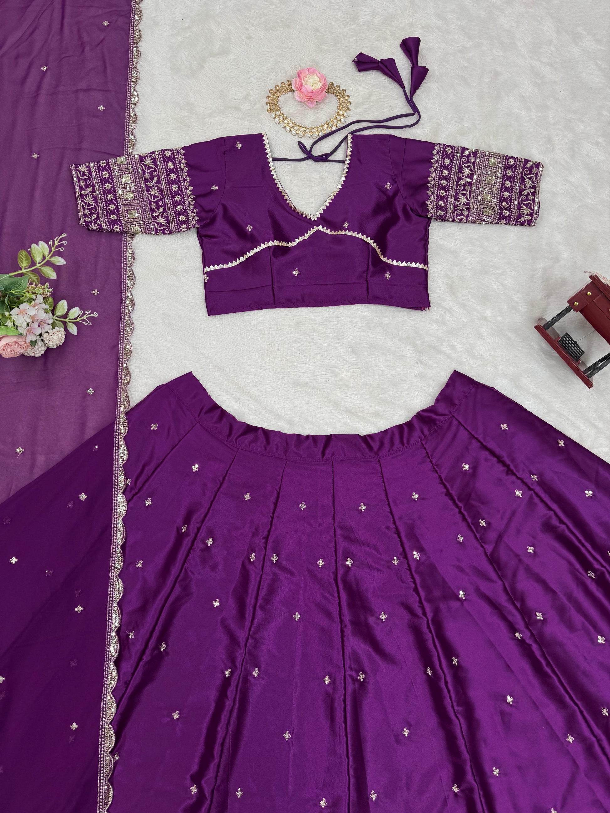 Satin Silk Sequence Work Purple Color Lehenga Choli