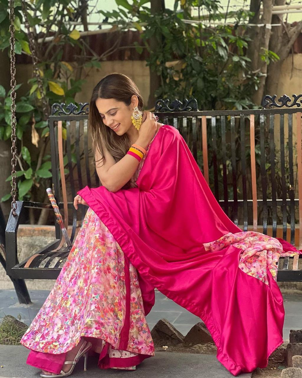 Ravishing Satin Silk Printed French Net Pink Color Saree