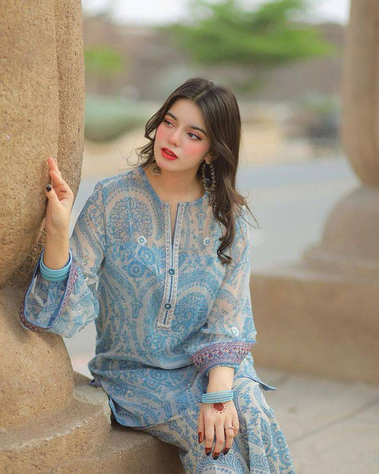 Party Wear Pur Sifon Top & Farshi Palazzo With Dupatta set