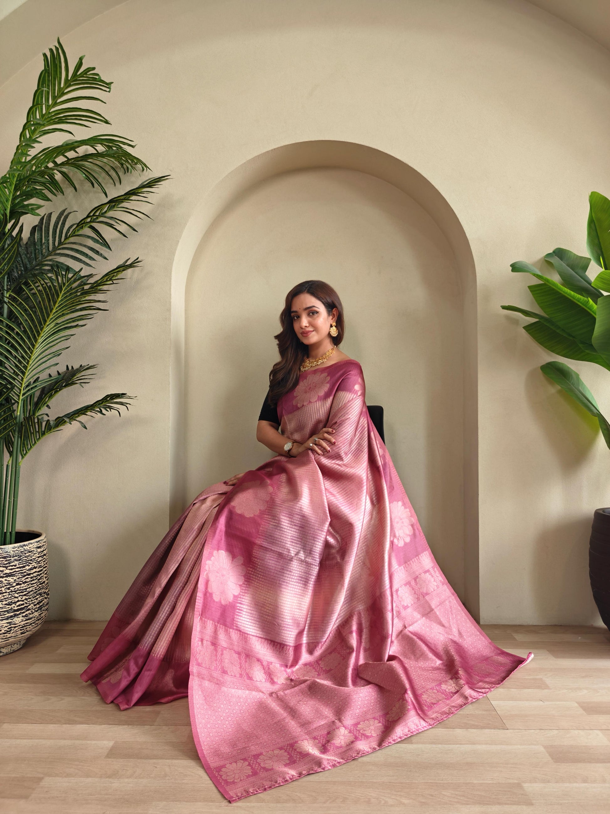 Pink Color Flower Print Silk Saree
