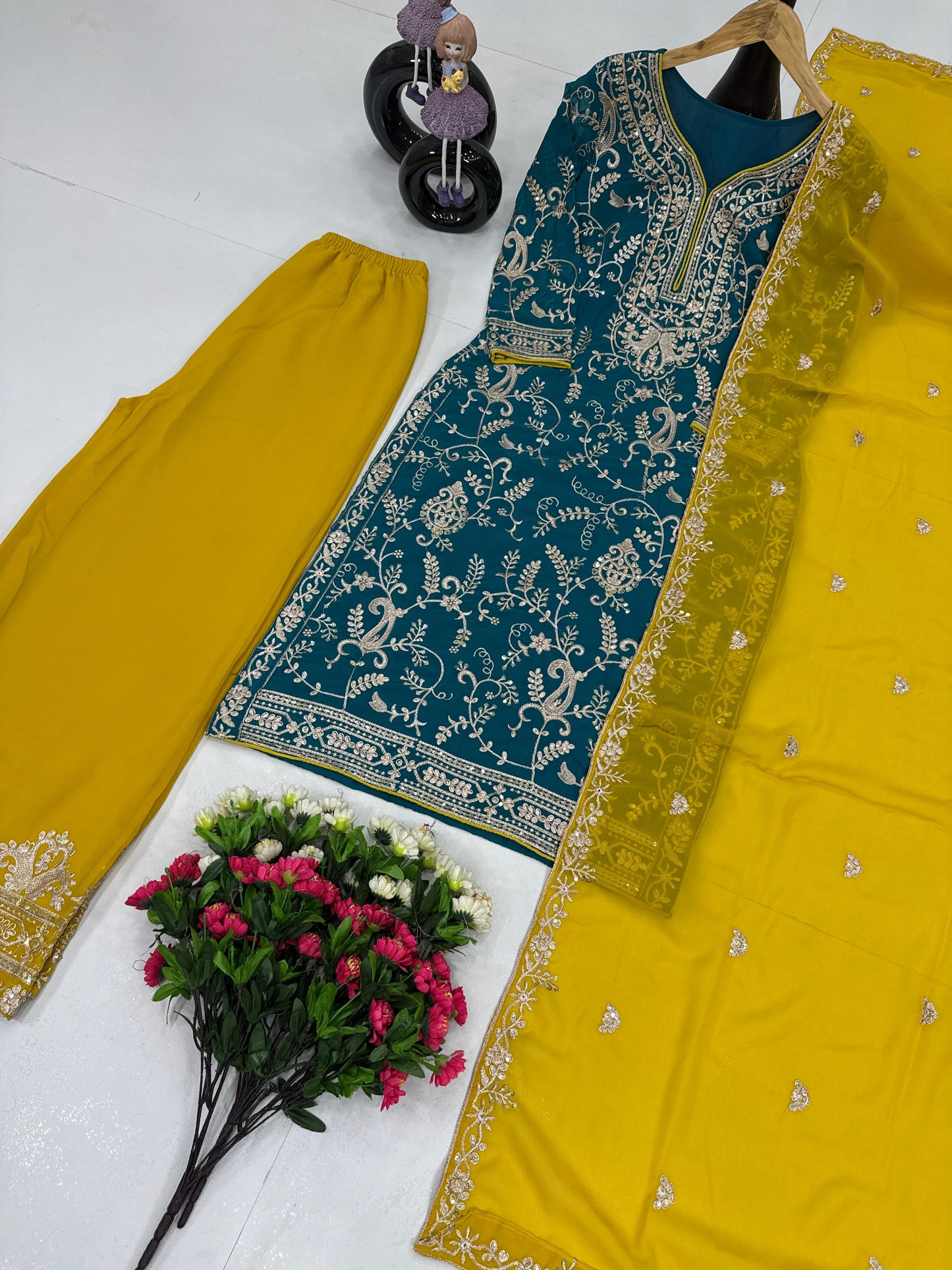 Good Looking Heavy Work Rama Color Palazzo Suit