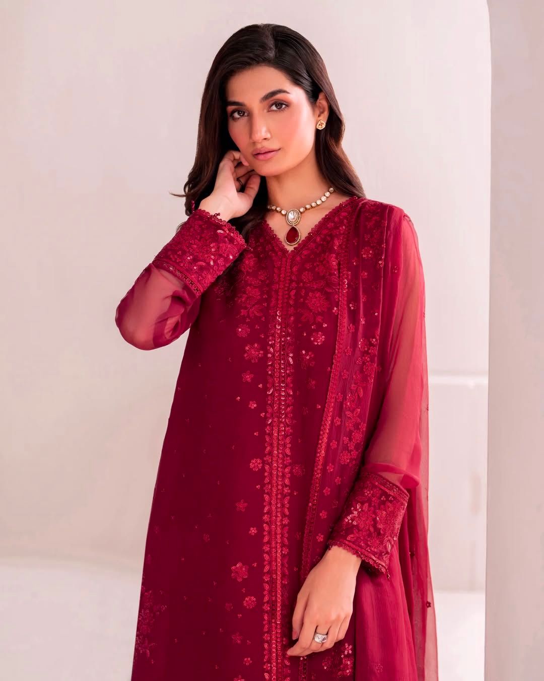 Captivating Sequence Work Red Color Palazzo Suit