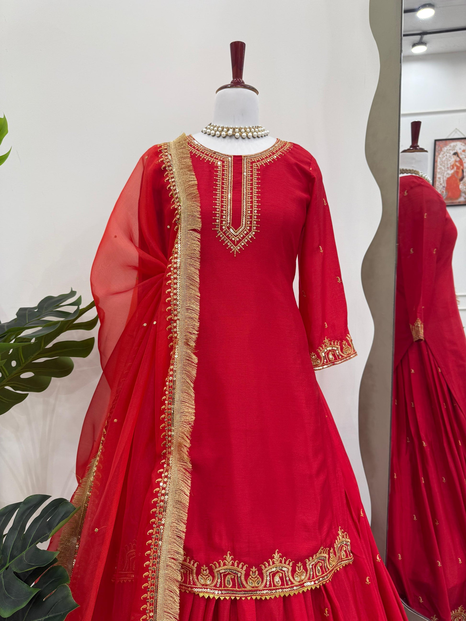 Designer Heavy Work Red Color Top With Lehenga