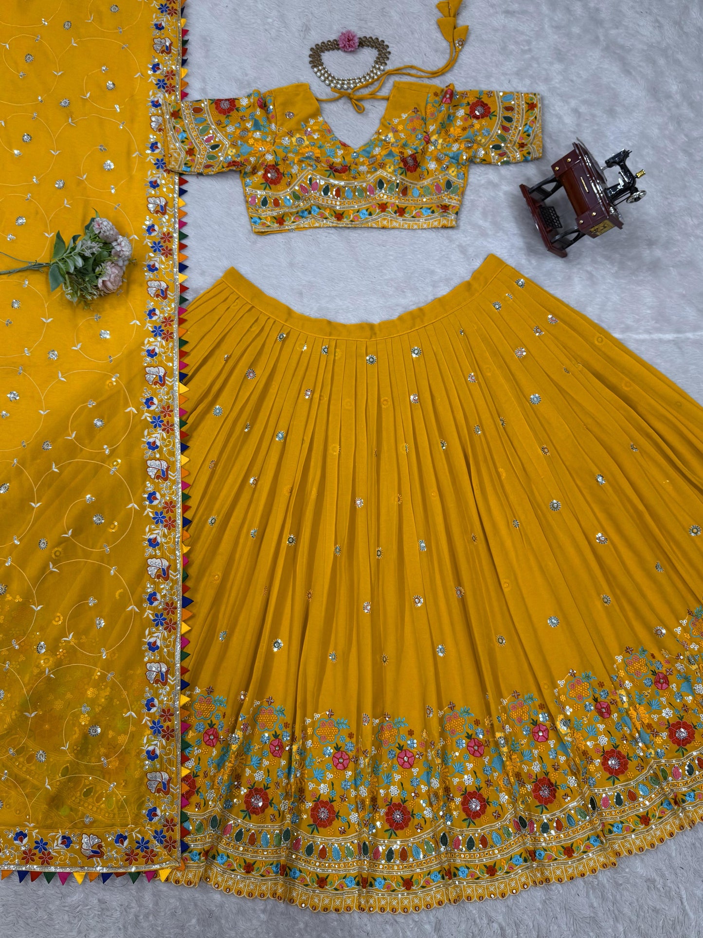 Multi Thread Work Georgette Mustard Color Lehenga Choli
