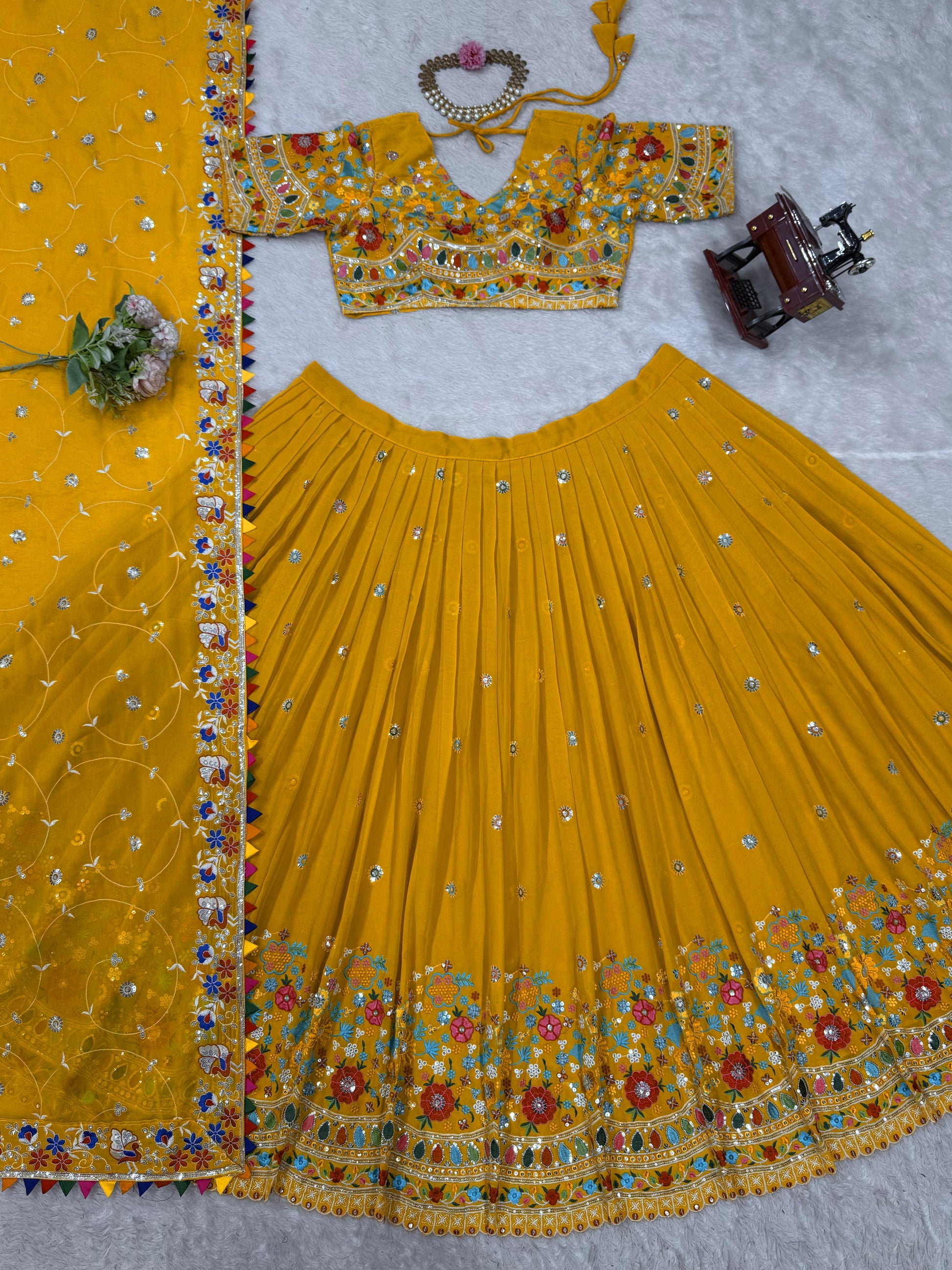 Multi Thread Work Georgette Mustard Color Lehenga Choli