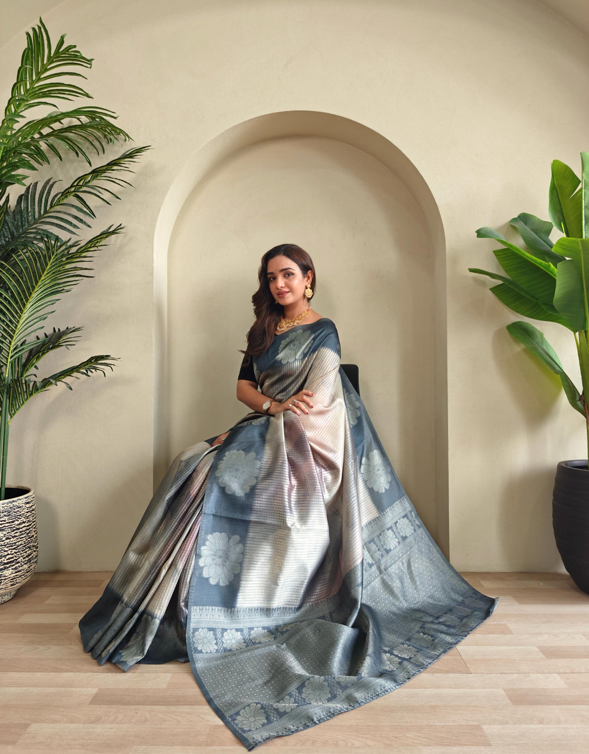 Grey Color Flower Print Silk Saree