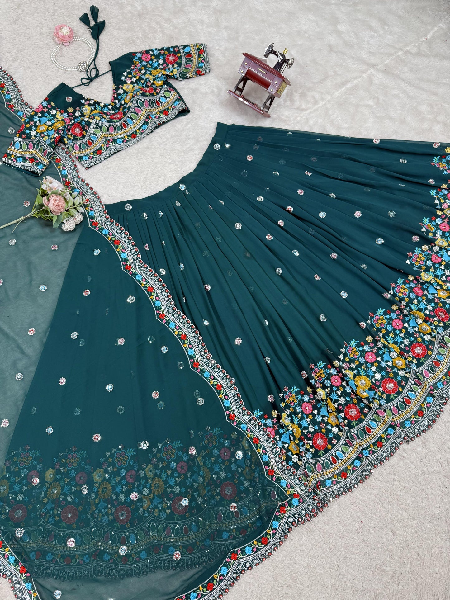 Multi Thread Work Georgette Green Color Lehenga Choli