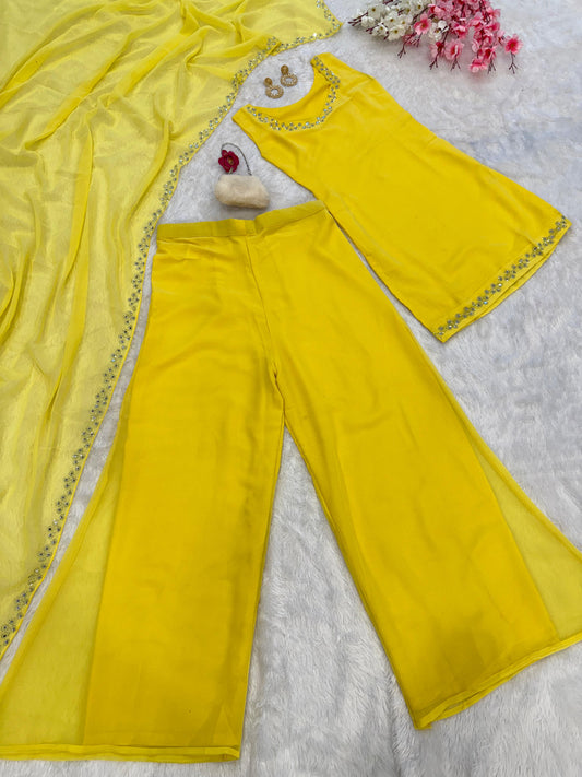 Preferable Real Mirror Work Yellow Color Palazzo Suit