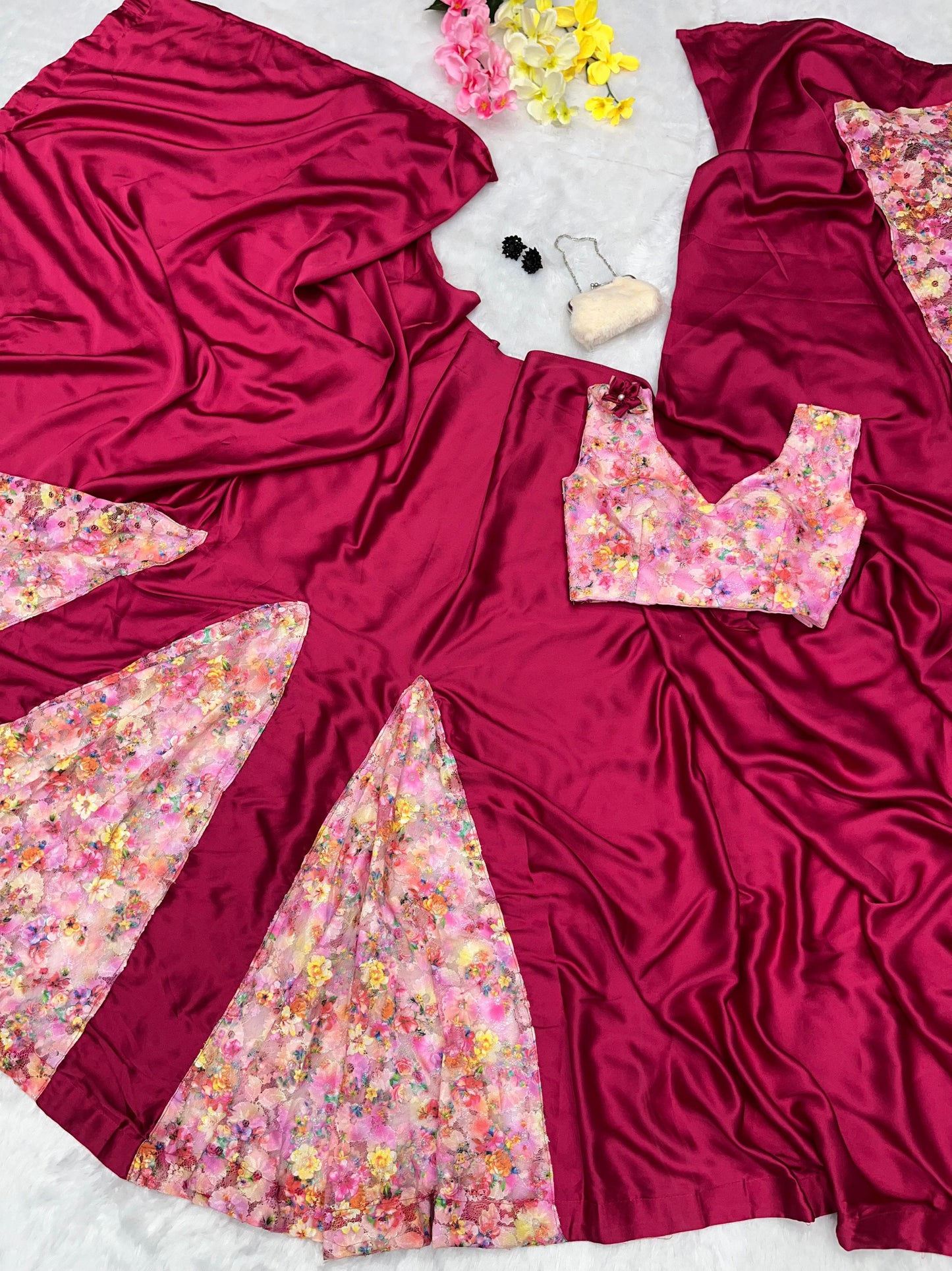 Ravishing Satin Silk Printed French Net Pink Color Saree