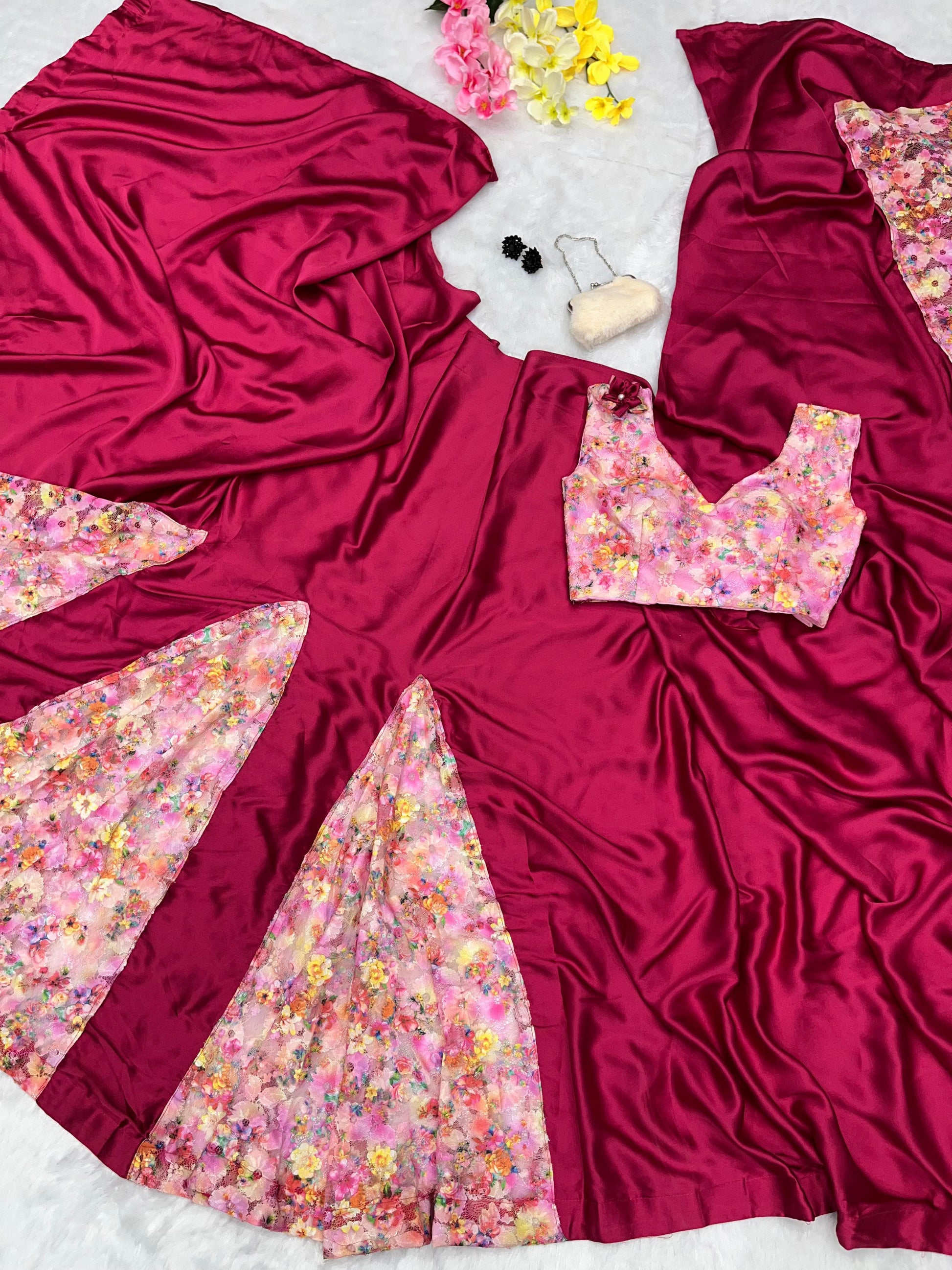 Ravishing Satin Silk Printed French Net Pink Color Saree