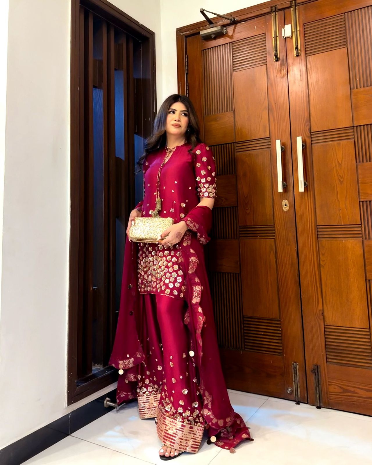 Red Color Sequence Work Alluring Palazzo Suit