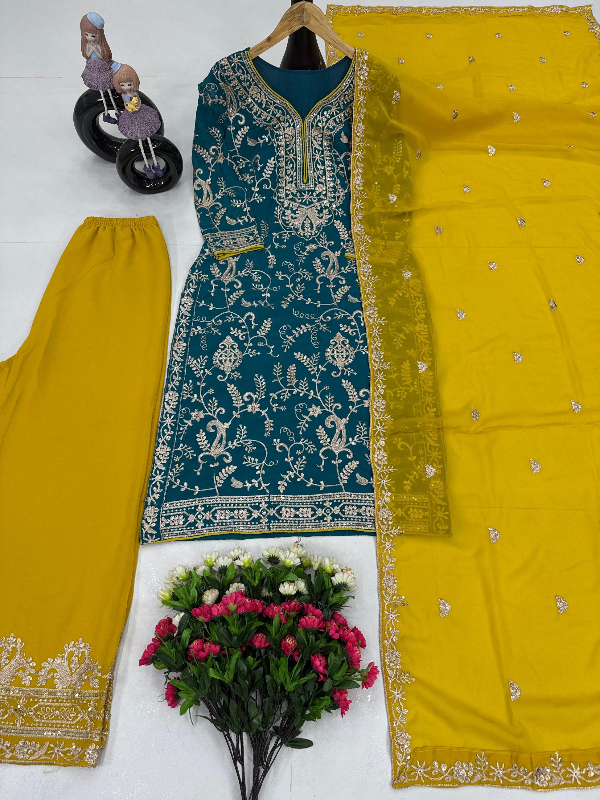 Good Looking Heavy Work Rama Color Palazzo Suit