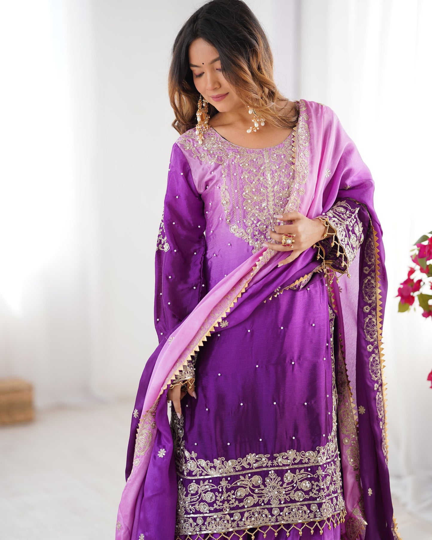 Good Looking Chinon Silk Rivet Moti Purple Color Sharara Suit