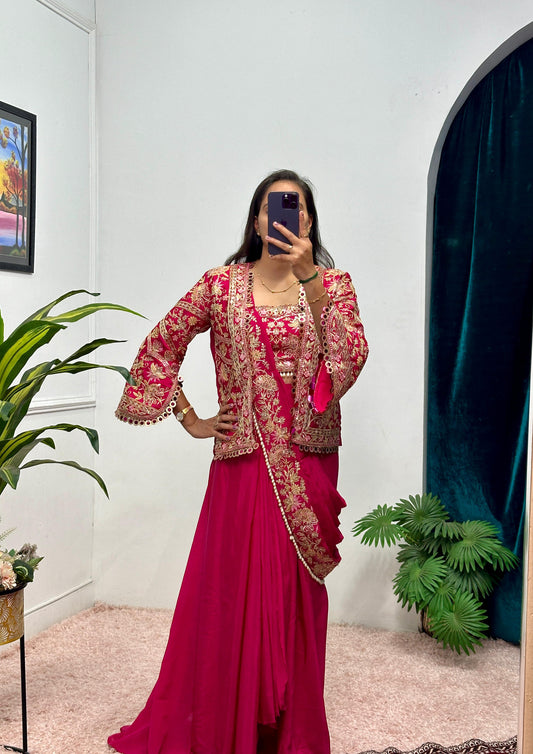 Presenting Embroidery Work Pink Color Ready To Wear Saree