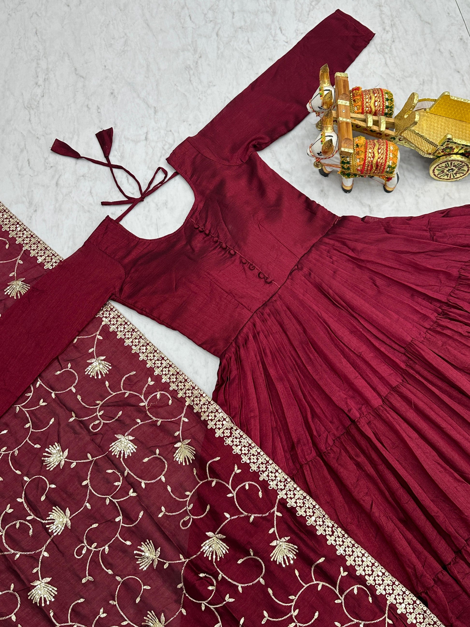 Traditional Wear Vichitra Silk Marron Color Gown