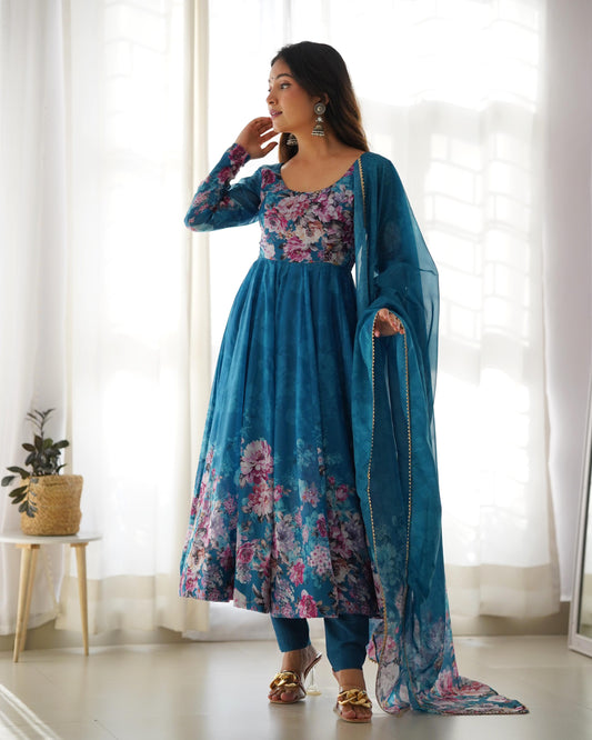 Casual Wear Multi Flower Print Blue Color Anarkali Suit