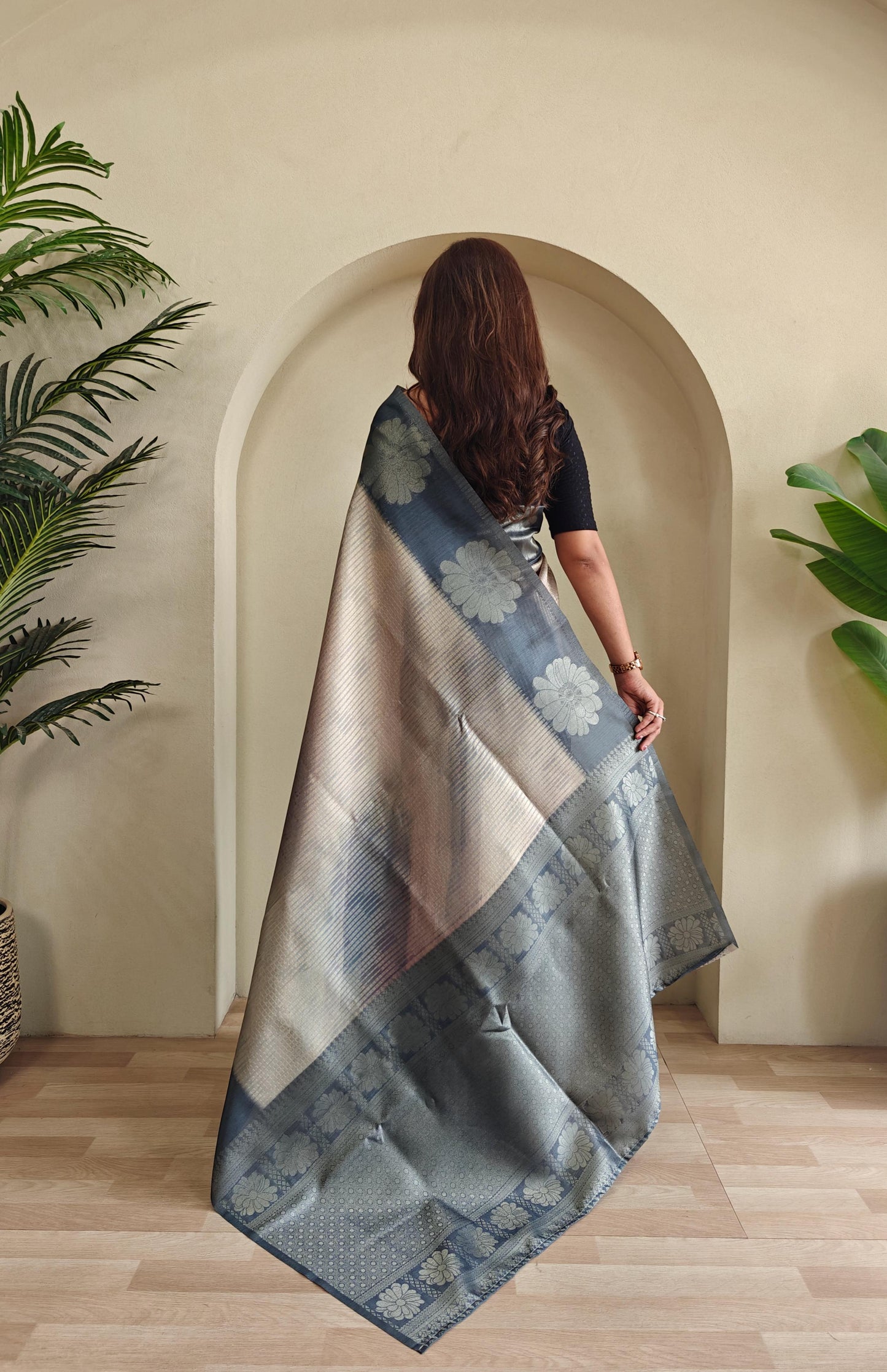 Grey Color Flower Print Silk Saree
