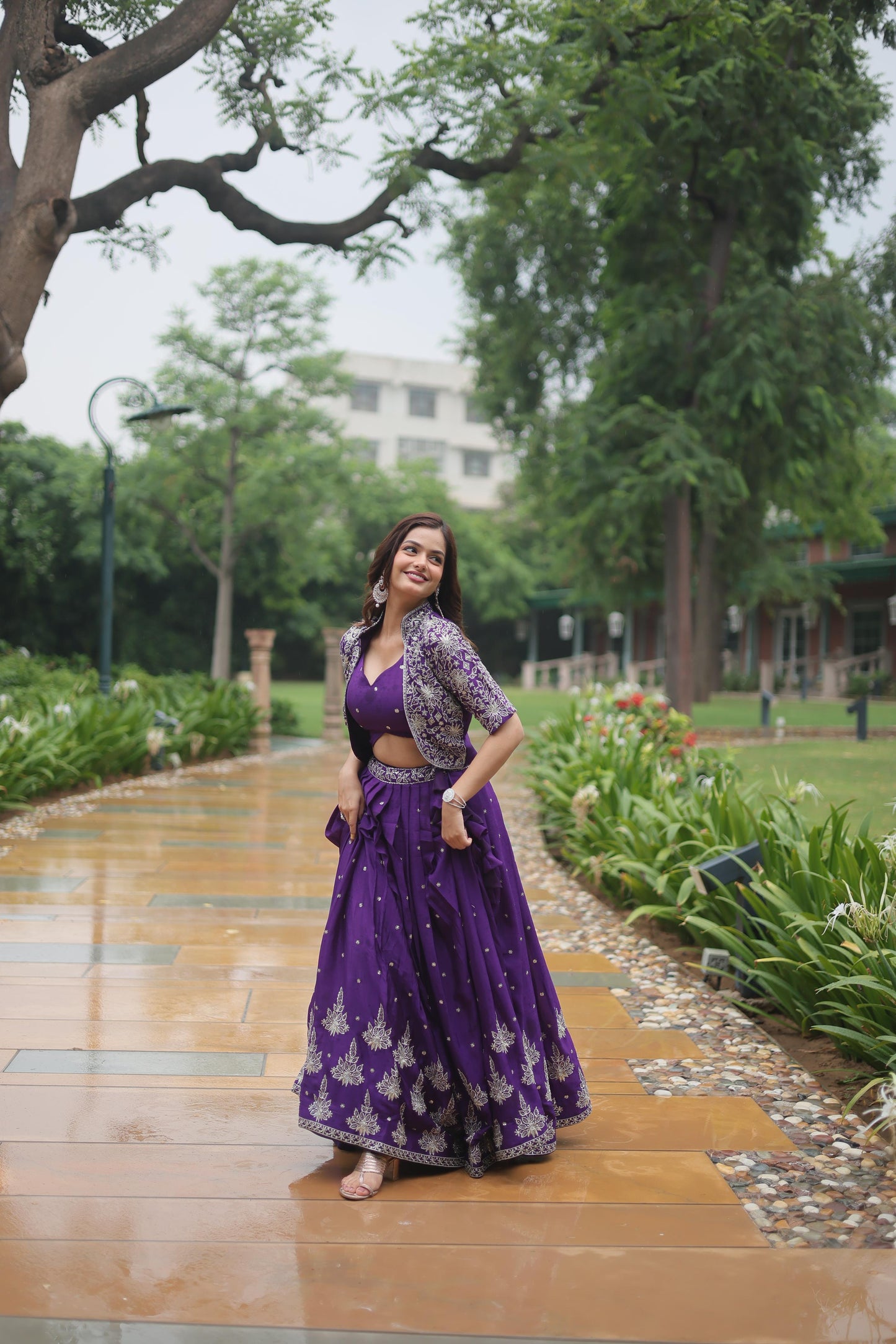 Designer Chinnon Purple Color Lehenga Choli With Koti