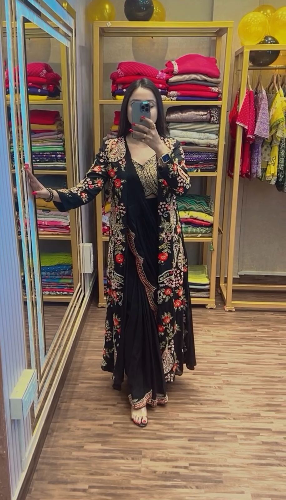 Eyes Catching Chinon Silk Black Color Ready To Wear Saree With Koti