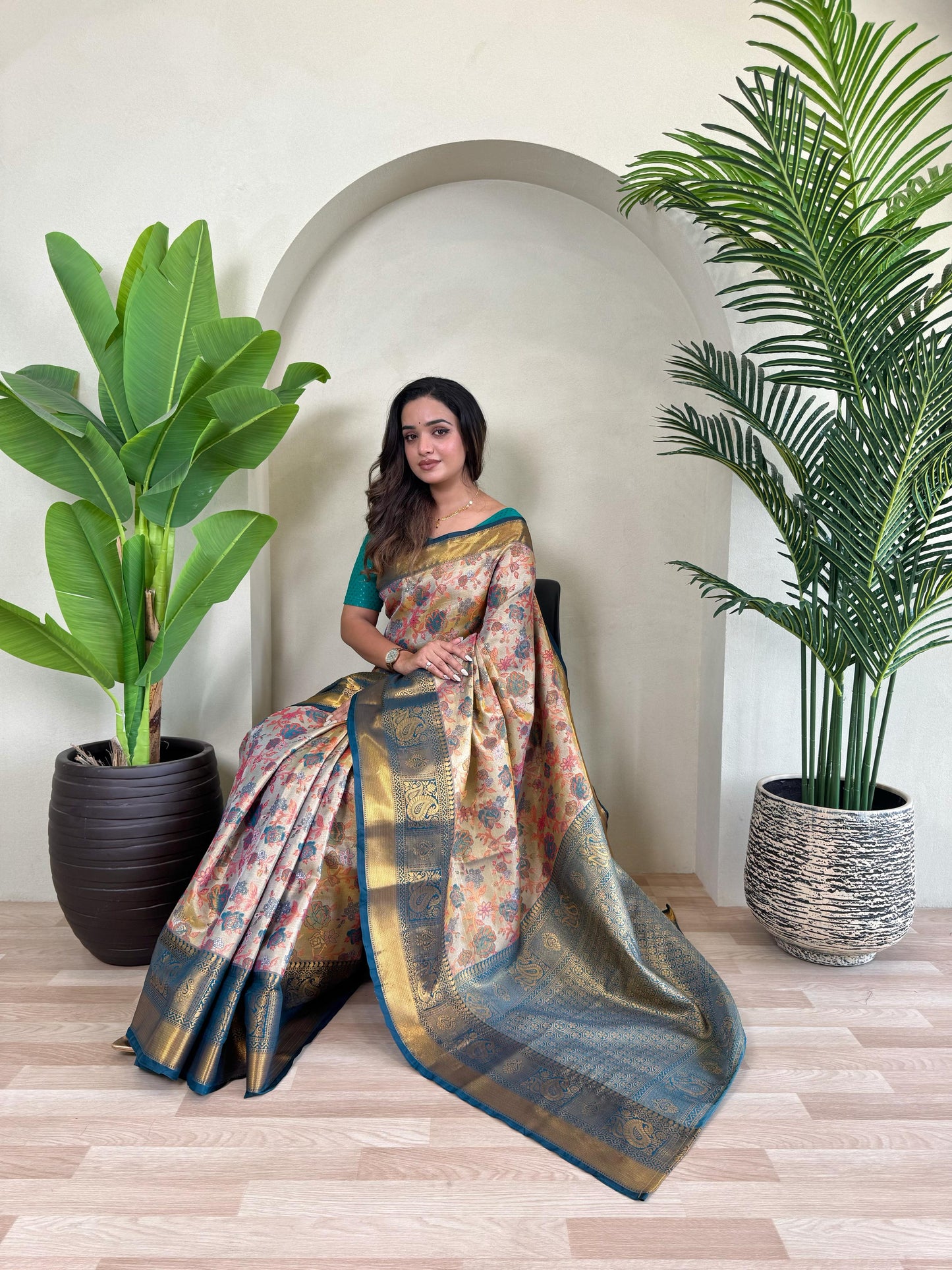 Demanding Kanchipuram Teal Blue Color Saree