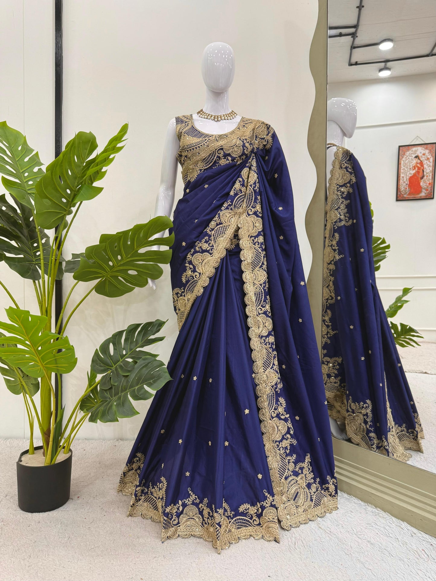 Wedding Wear Sequence Work Navy Blue Color Silk Saree