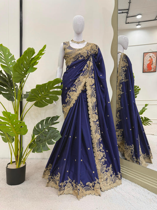 Wedding Wear Sequence Work Navy Blue Color Silk Saree