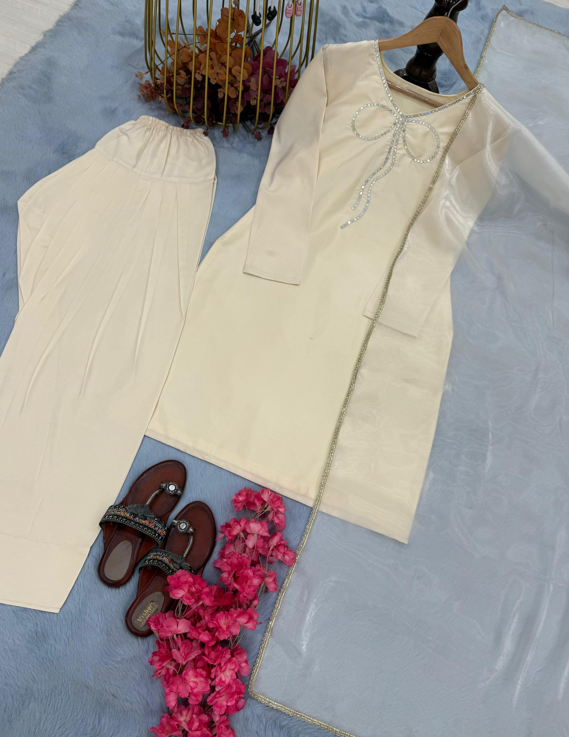 Preferable Sequence Work Off White Color Palazzo Suit