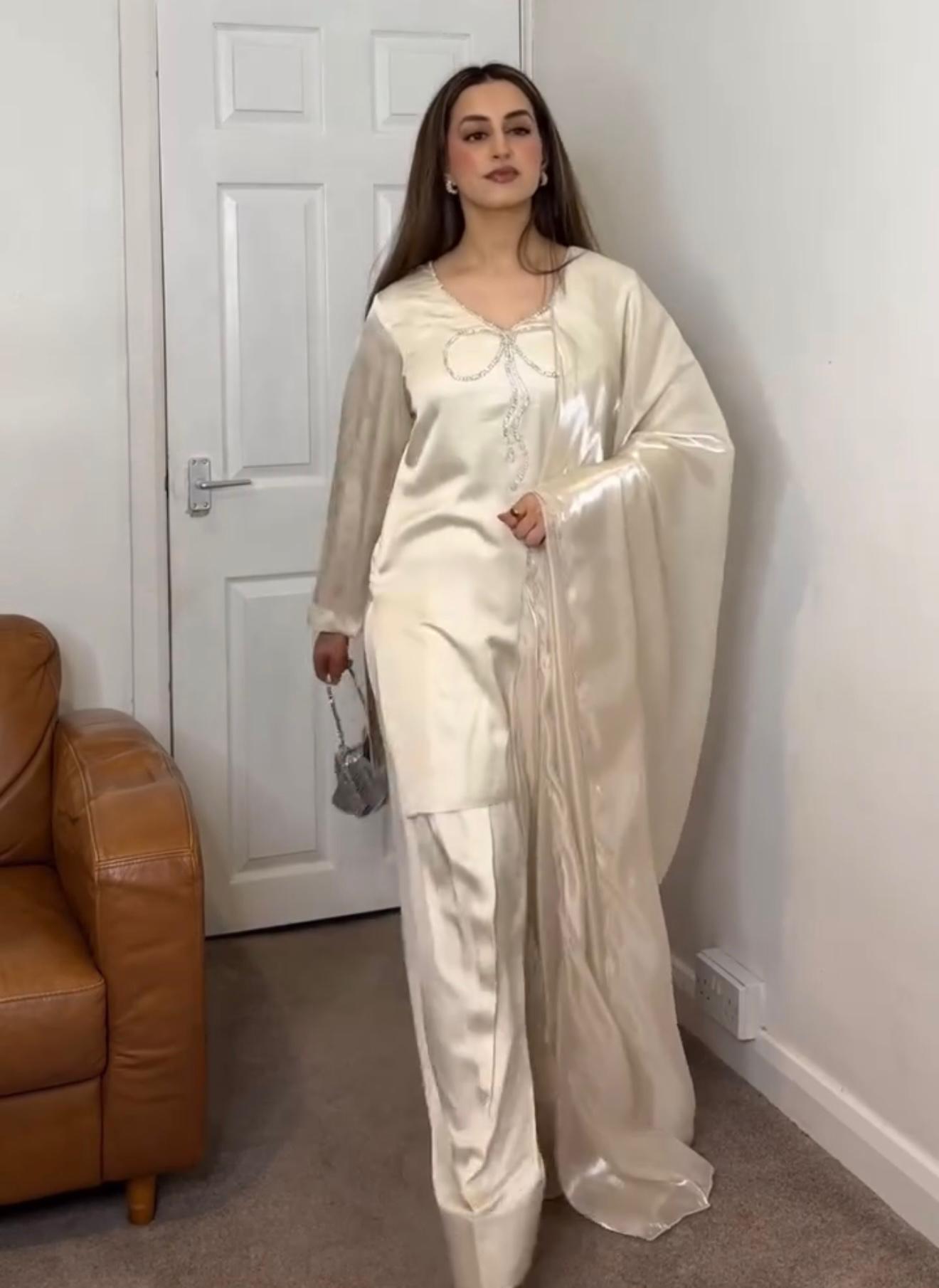 Preferable Sequence Work Off White Color Palazzo Suit