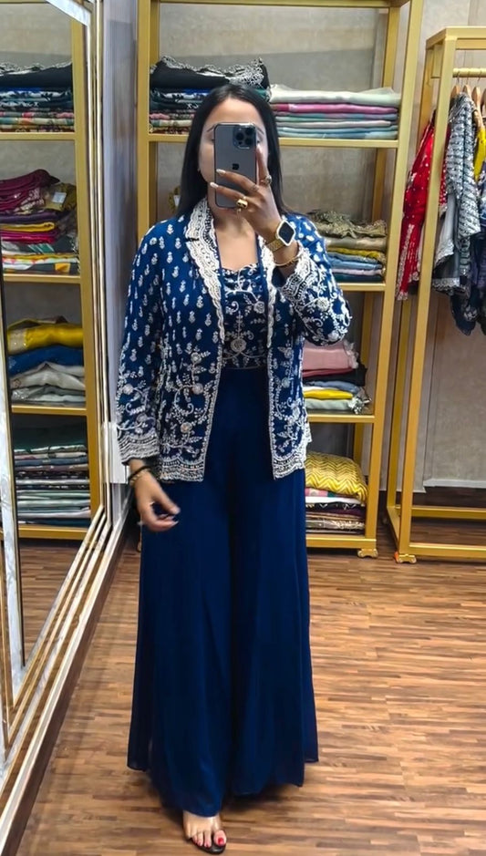 Outstanding Heavy Work Navy Blue Color Palazzo Suit With Koti