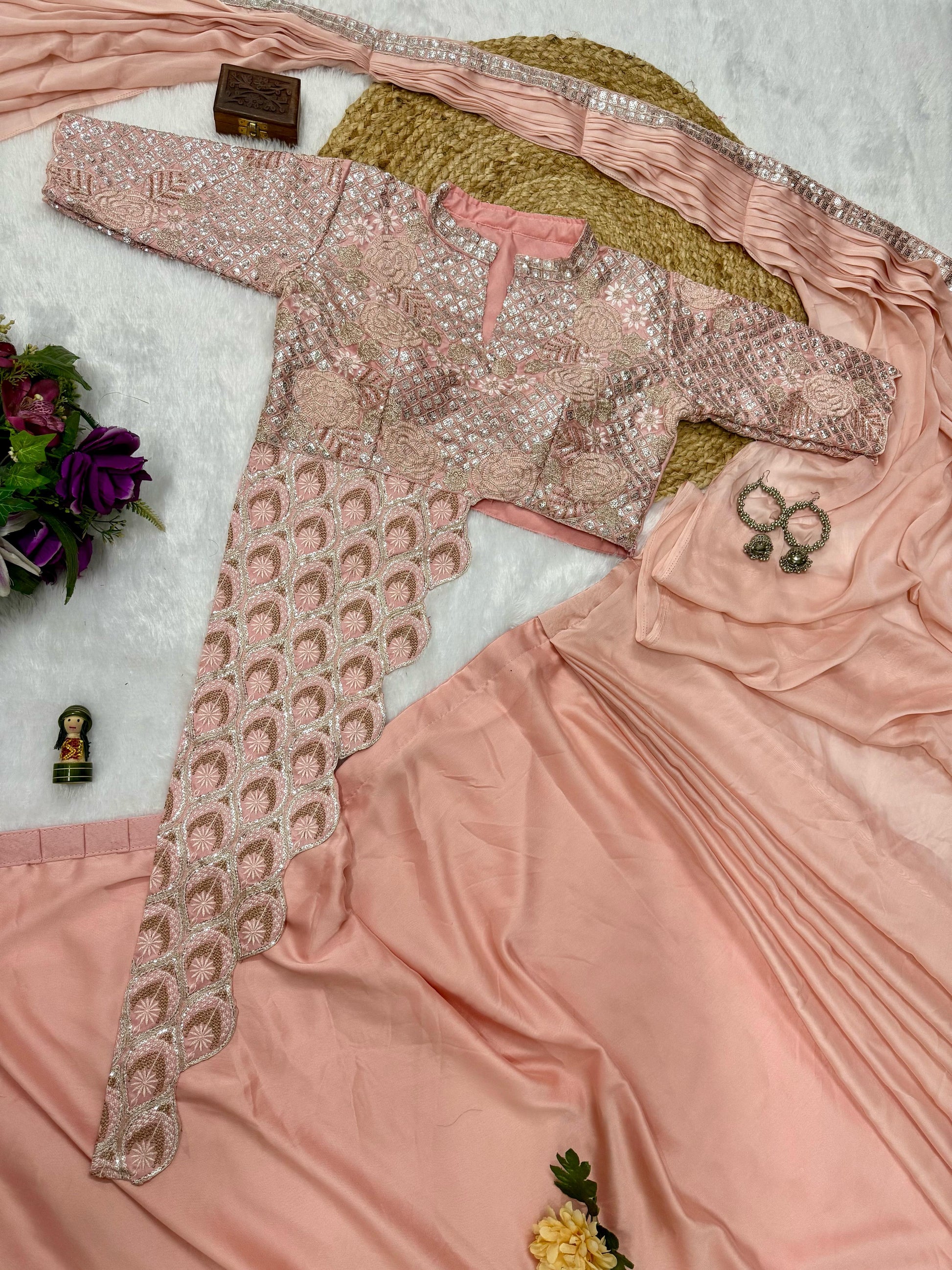 Classy Chinon Embroidery Work Peach Color Ready To Wear Saree