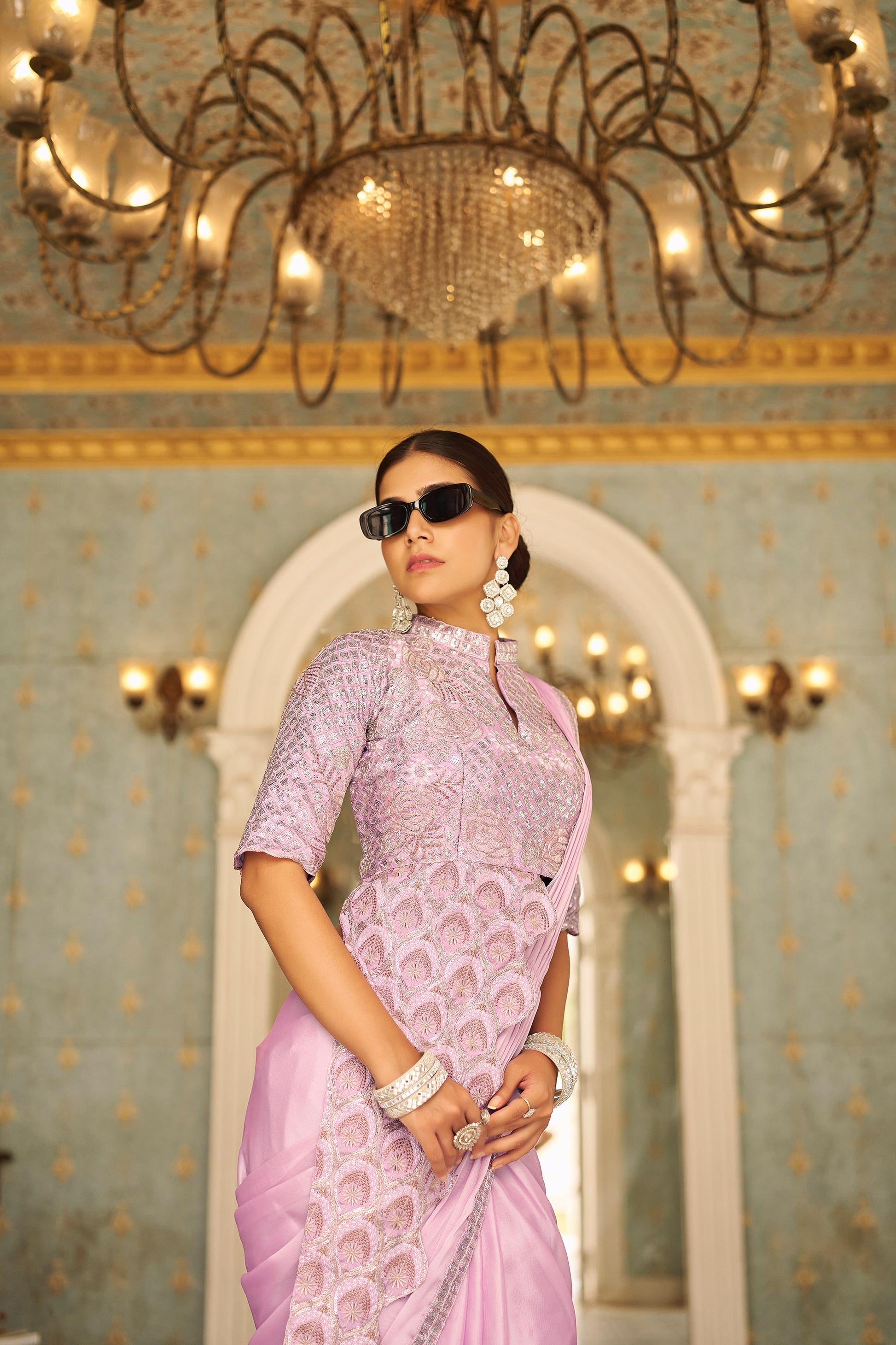 Classy Chinon Embroidery Work Lavender Color Ready To Wear Saree