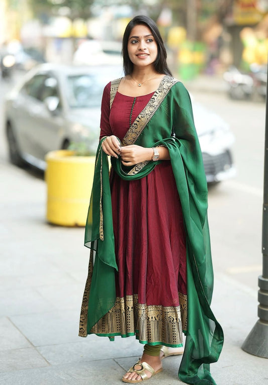 Luxuriant Vichitra Silk Maroon Color Anarkali Gown