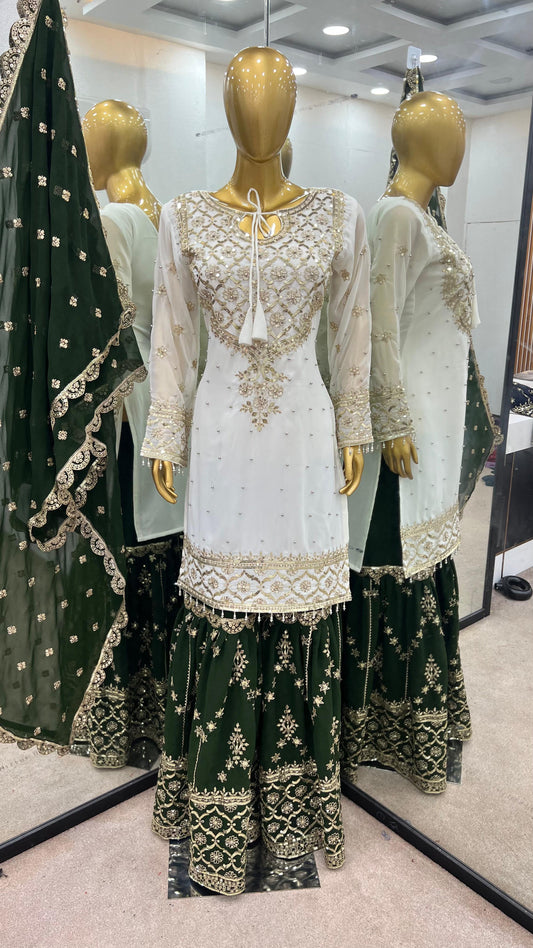 Fabulous Heavy Work White Color Suit With Mehndi Sharara
