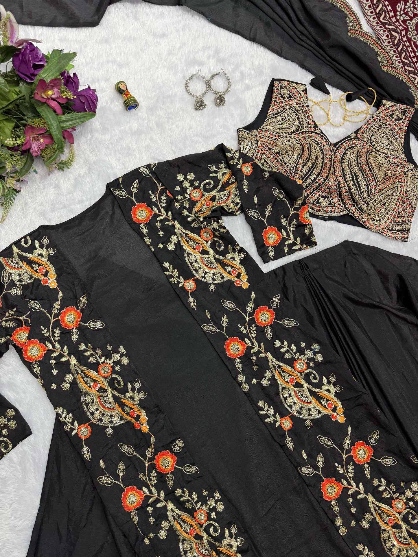 Eyes Catching Chinon Silk Black Color Ready To Wear Saree With Koti