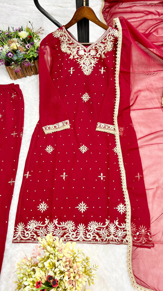 Attractive Embroidery Work Red Color Palazzo Suit