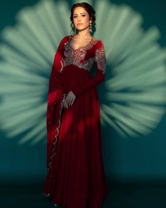 Fantastic Embroidery Work Red Color Gown